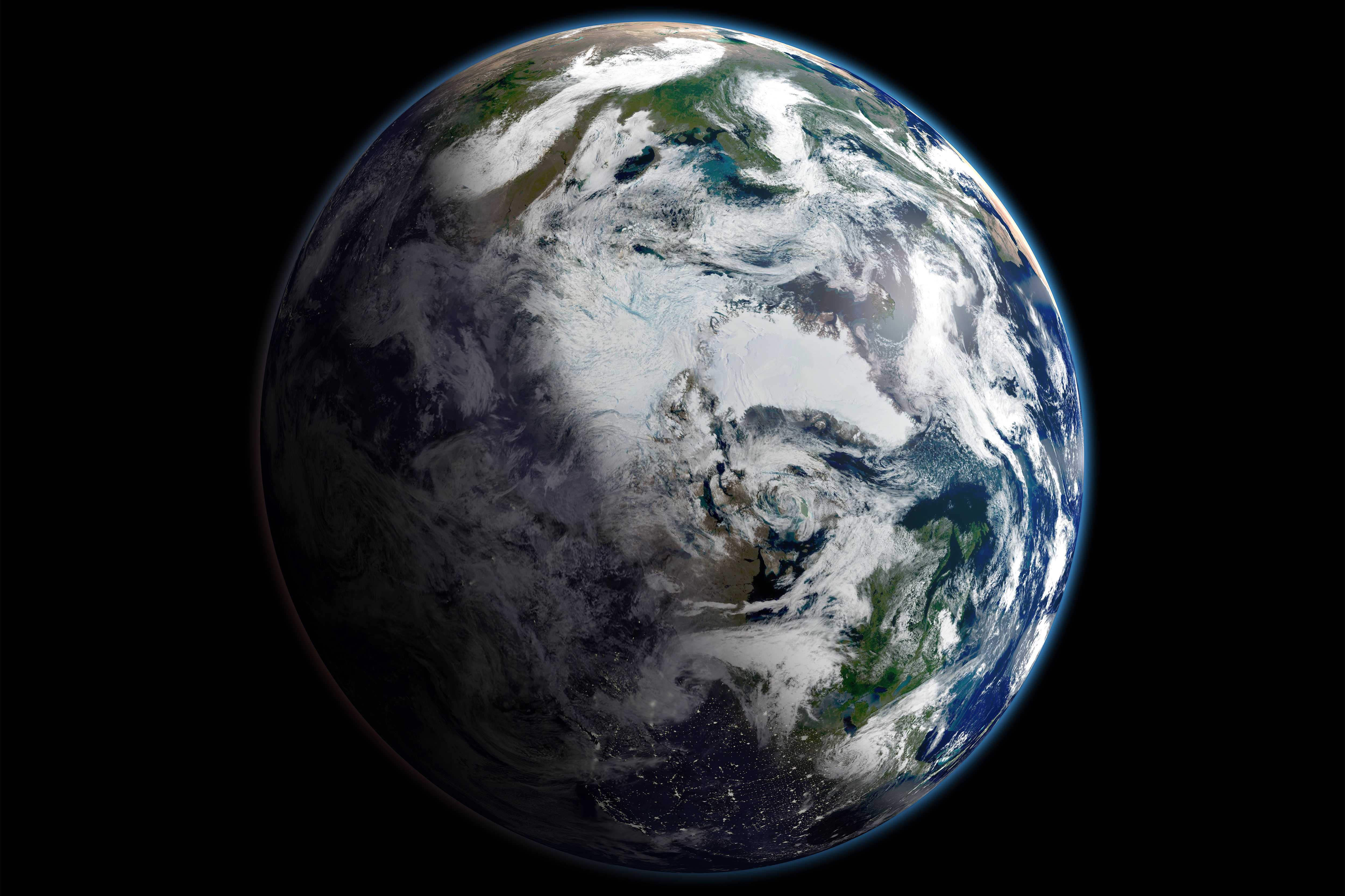 Satellite mosaic of the Arctic showing one side of Earth in daylight and another side in darkness near the North Pole.