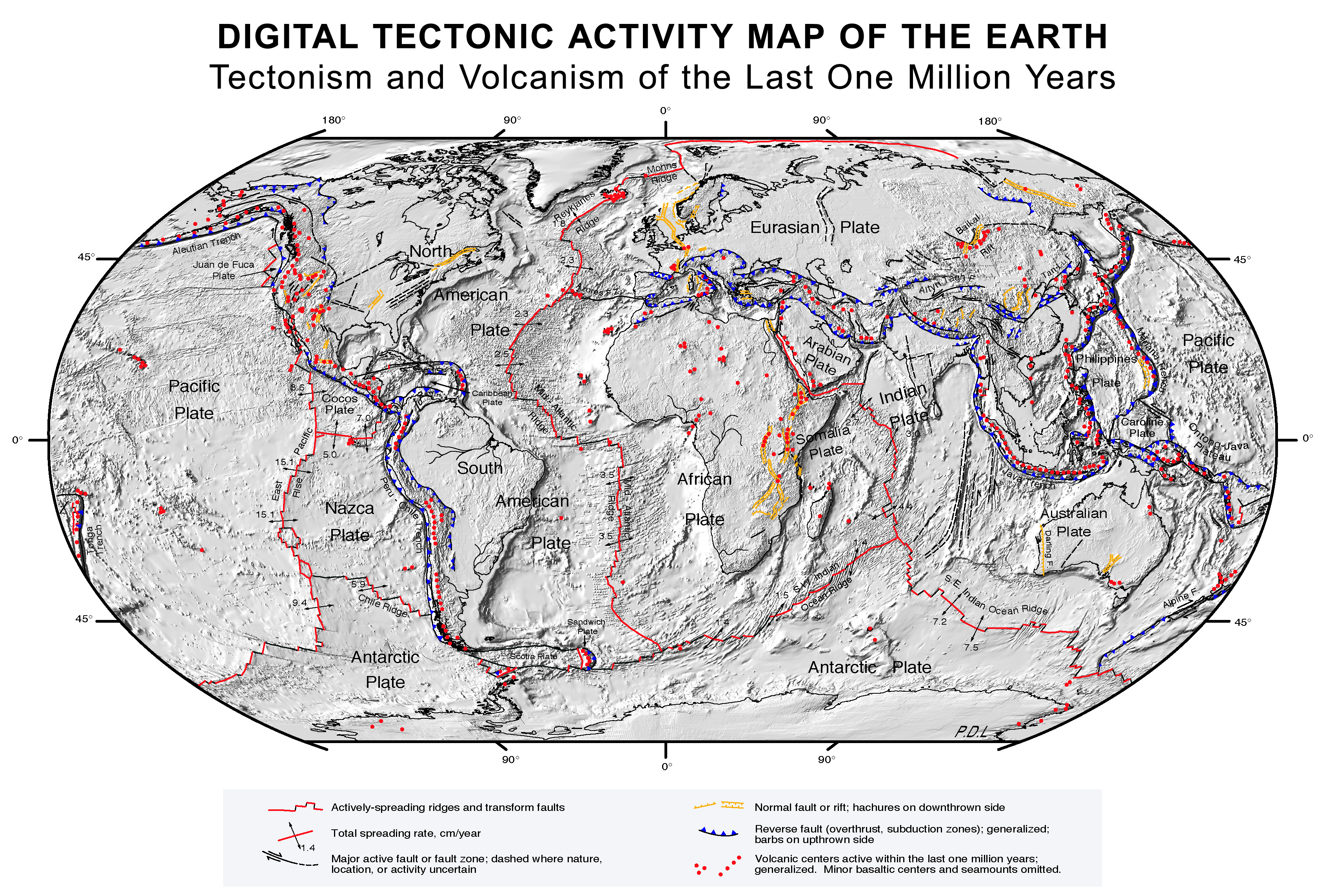 World map labeled with major tectonic plates and plate boundaries.