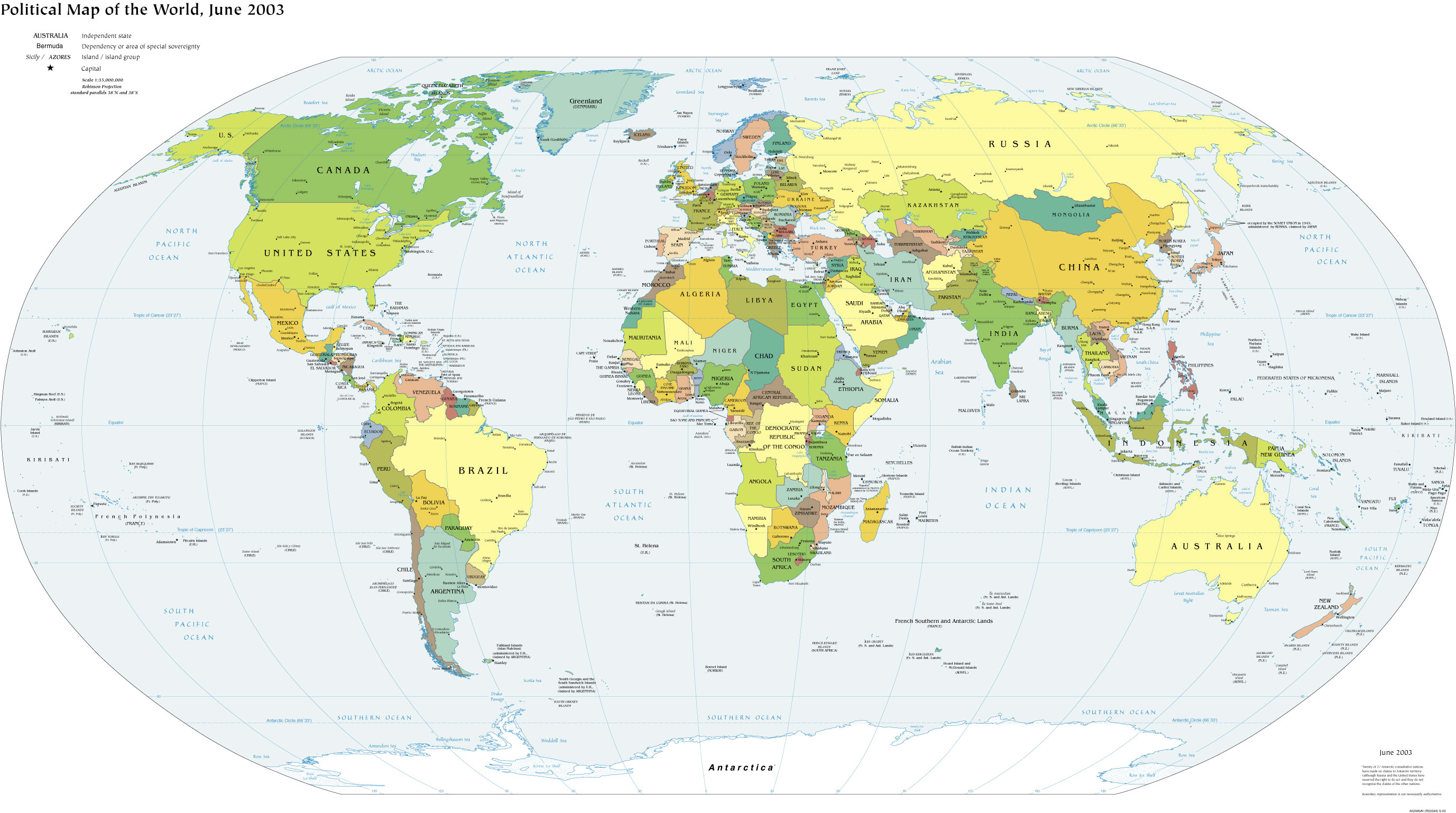 Political world map showing continents, countries, and major oceans.